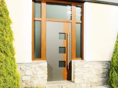 Aluminium-Haustür mit Oberlicht anthrazit und Holzdekor