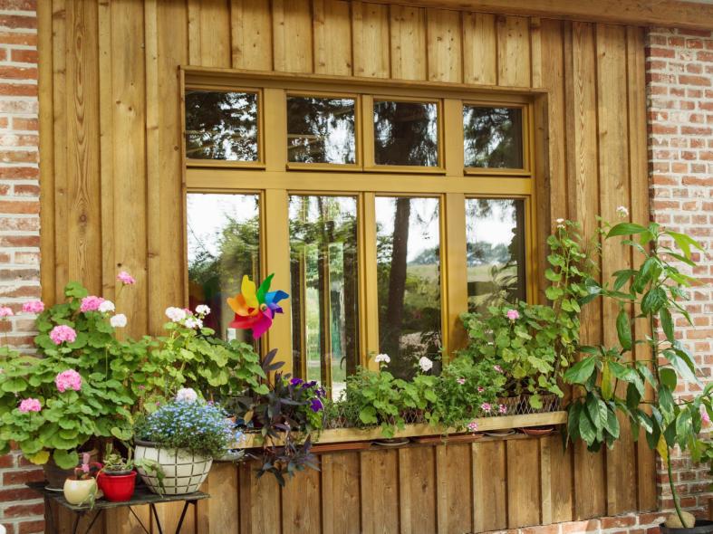 Die Holzfenster sind mit einer leicht unregelmäßigen Glasoberfläche ausgestattet