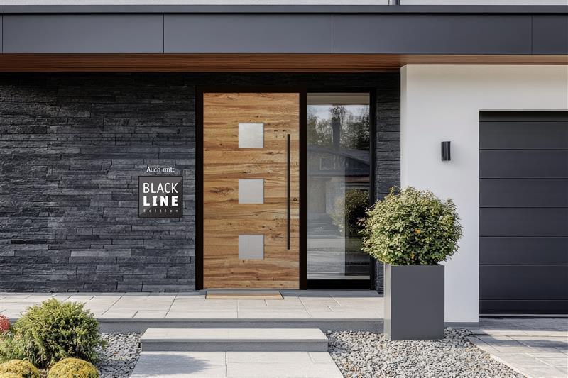 Hauseingang mit Steinfassade und Haustür PaXentrée Naturelle Attersee